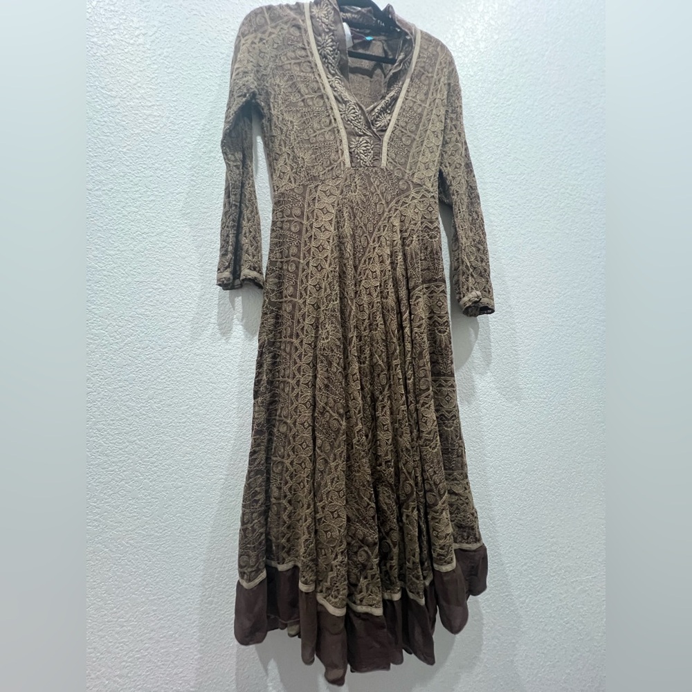 Johnny Was Brown Gold Pleated Sundress with Bishop Sleeves